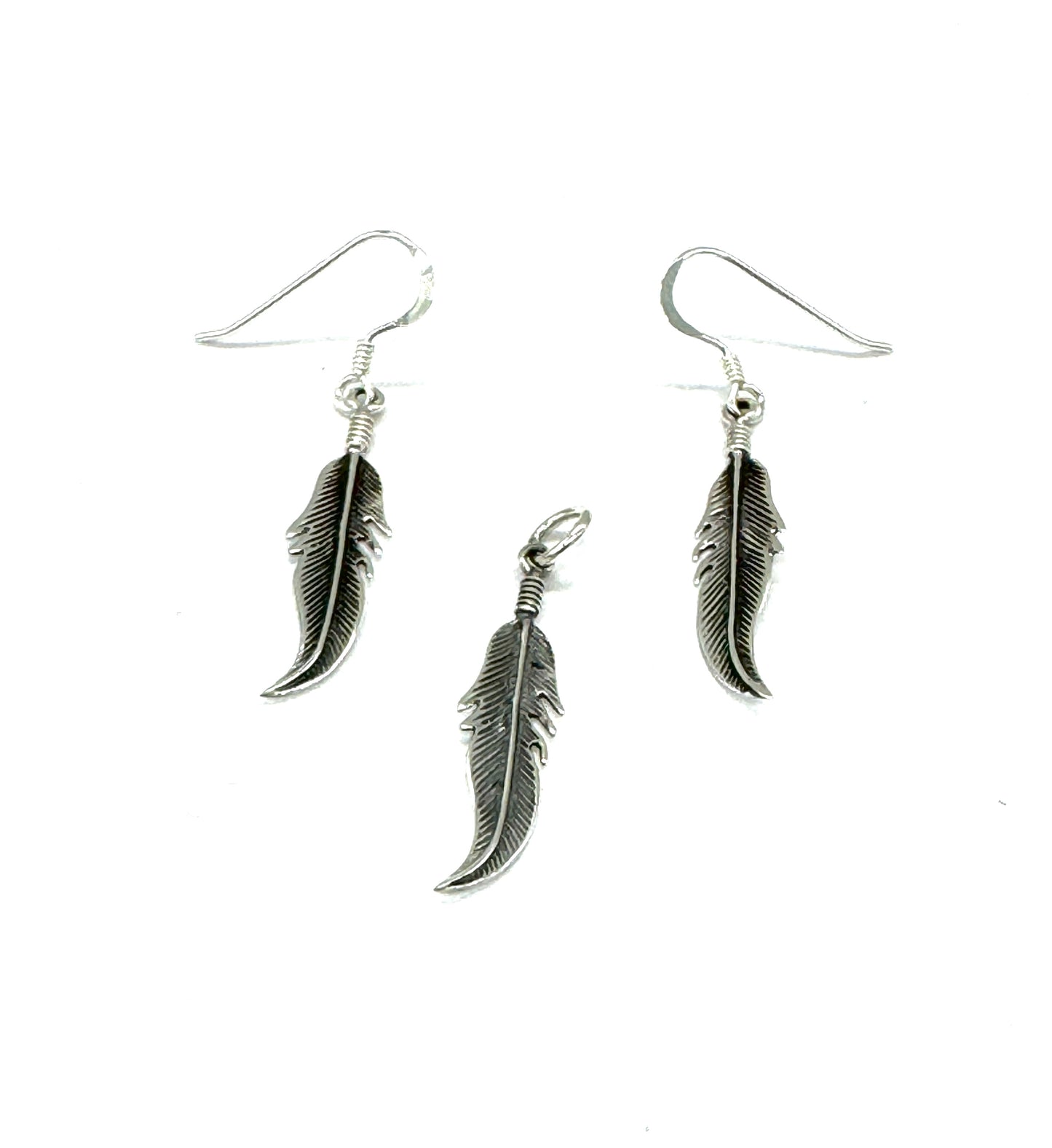 925 Sterling Silver Feather Drop Dangle Earrings and Pendant Set on Silver Curb Chain