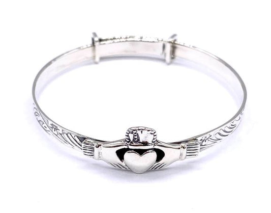 925 Sterling Silver Claddagh Expandable Christening Bangle Bracelet for Child Baby