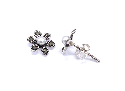 925 Sterling Silver Flower Daisy Stud Earrings with MARCASITE & Pearl Stones