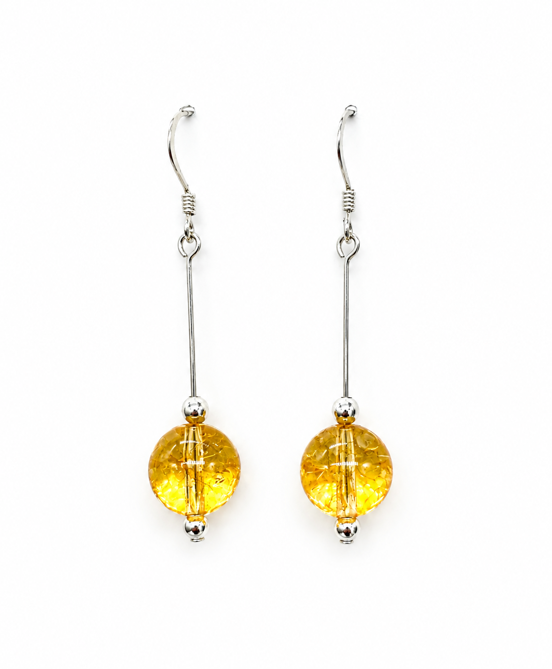 Genuine Golden Honey Colour Citrine Beads Ball Drop Dangle Earrings 925 Sterling Silver
