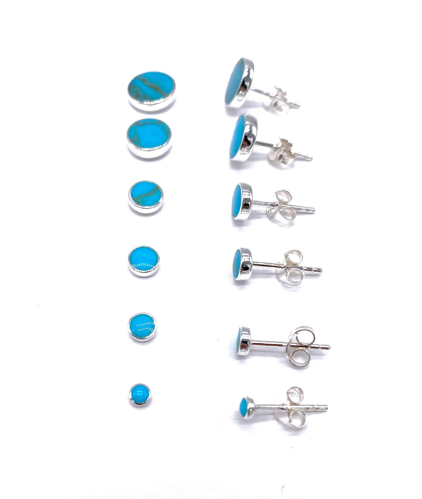 925 Sterling Silver Green Blue Turquoise Button Stud Earrings in Size 3, 4, 5, 6, 8 and 10 mm Diameter