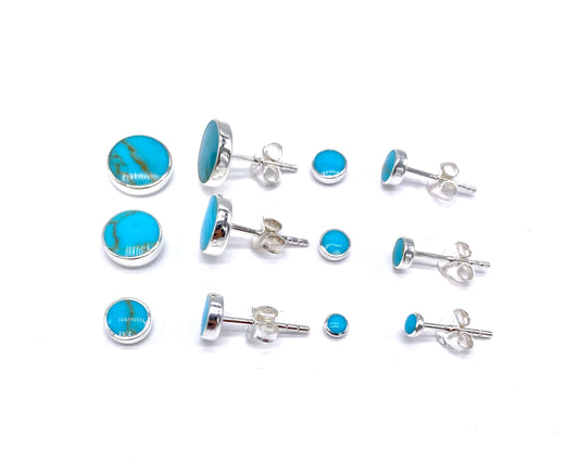 925 Sterling Silver Green Blue Turquoise Button Stud Earrings in Size 3, 4, 5, 6, 8 and 10 mm Diameter