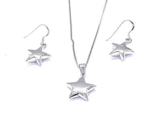 925 Sterling Silver STAR Drop Dangle Earrings and Pendant Set on Silver Curb Chain