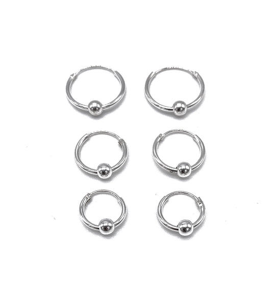 925 Sterling Silver Sleeper Hinged HOOP Earrings with Moving Balls 10, 12 or 14 mm Diameter