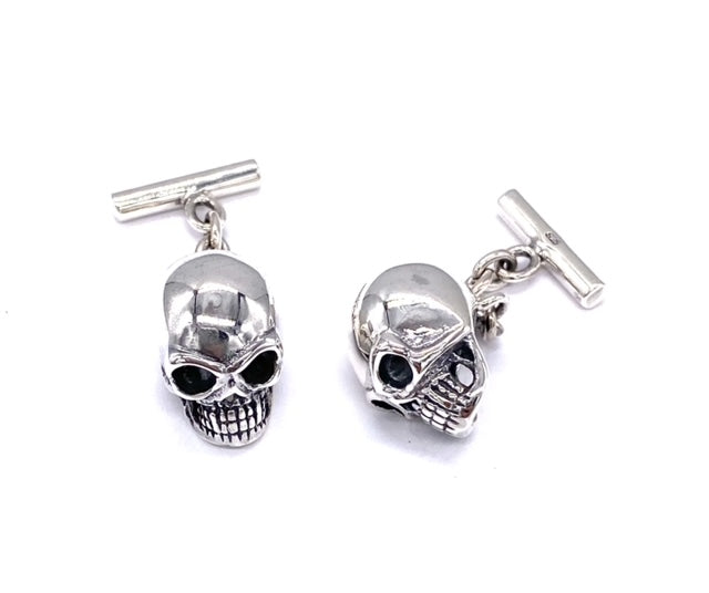 Solid 925 Sterling Silver Gothic Skull Pirate Cufflinks T Barrel Chain Link