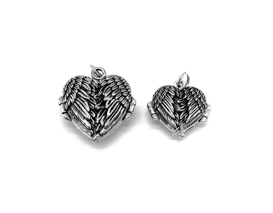 Angel Wings HEART Photo Locket Pendant 925 Sterling Silver on 16", 18" or 20" Sterling Silver Curb Chain