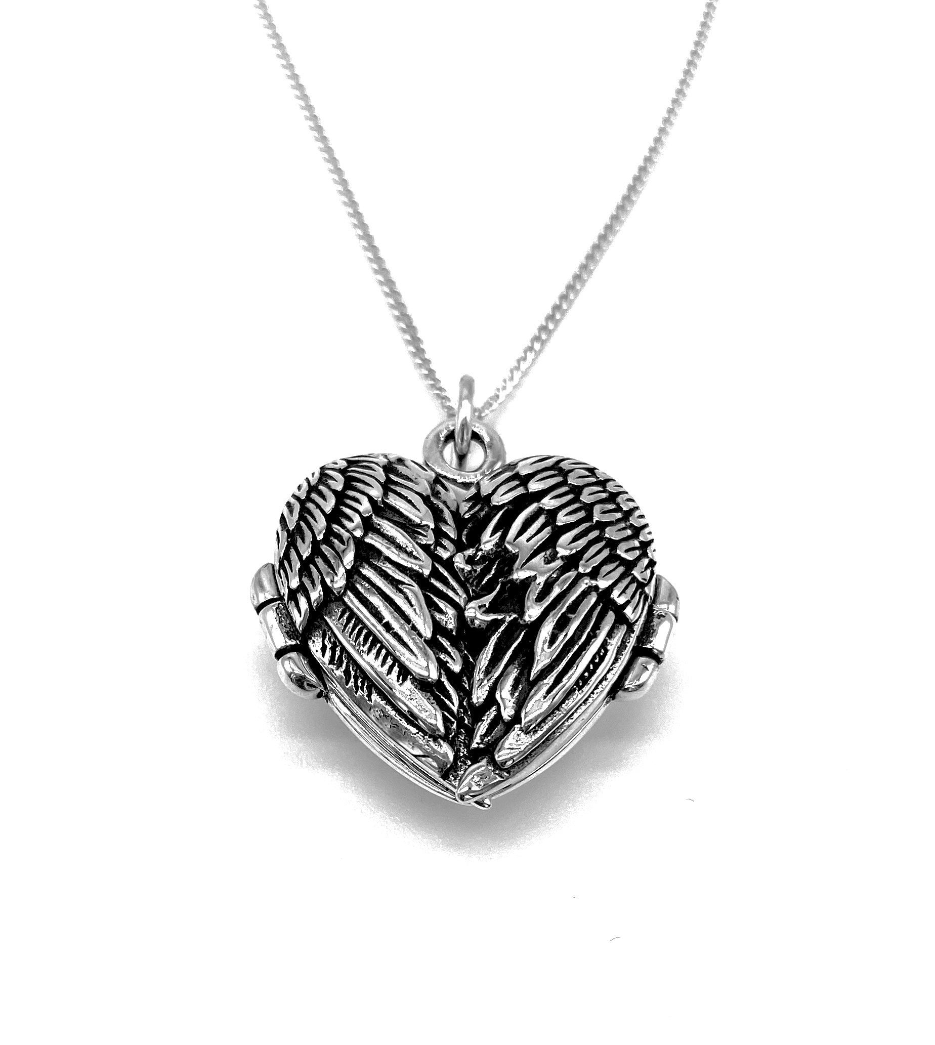 Angel Wings HEART Photo Locket Pendant 925 Sterling Silver on 16", 18" or 20" Sterling Silver Curb Chain