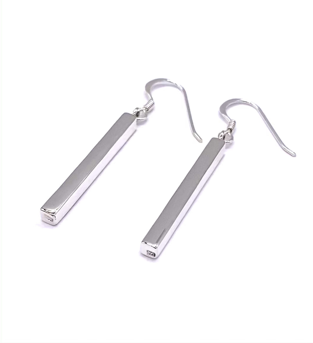 925 Sterling Silver Rectangular Long Bar Drop Dangle Earrings