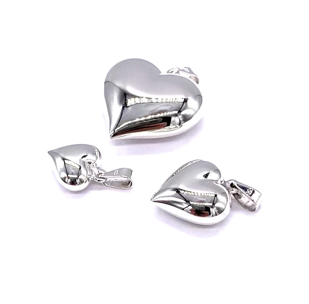 925 Sterling Silver Puffy Heart Pendant Charm on Sterling Silver Curb Chain