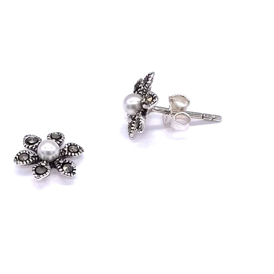 925 Sterling Silver Flower Daisy Stud Earrings with MARCASITE & Pearl Stones