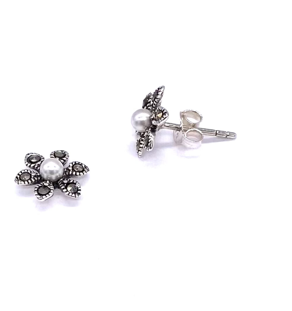 925 Sterling Silver Flower Daisy Stud Earrings with MARCASITE & Pearl Stones