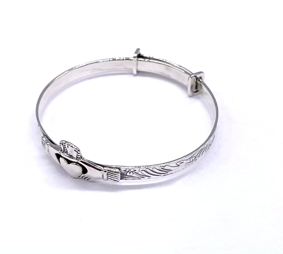 925 Sterling Silver Claddagh Expandable Christening Bangle Bracelet for Child Baby